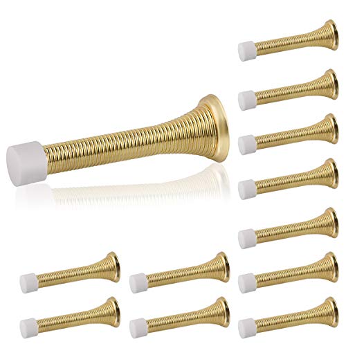 Homotek 12 Pack Spring Door Stopper With Rubber Bumper 3-1/8" Flexible Spring Heavy Duty Wall Door Stop Low Mounted Door Bumper For Home (Bright Brass) #TOP13
