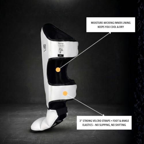Image of MAUZER Muay Thai MMA Shin Guards with Instep Foot Protection High Density EVA Padding Adjustable Velcro Straps Synthetic Leather Kickboxing Guards (White and Black, Small)