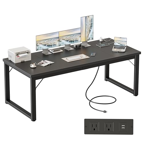 Image of Mericonia 63 Inch Computer Desk with Power Outlets, 1.2 inch Thick Office Table