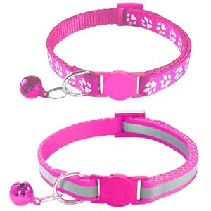 2 Pack Breakaway Cat Collars with Bells, Reflective Design and Claw Print Design, Safety Buckle, Adjustable 7.5-12.5 Inches for Kittens & Cats (Rose)