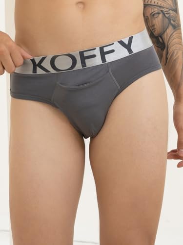 Image of KOFFY Men's Premium Cotton Lycra Brief with Minus Cutting Pouch| Silver Metallic Elastic| 4 Way Stretch| Wrinkle Free| Pack of 1