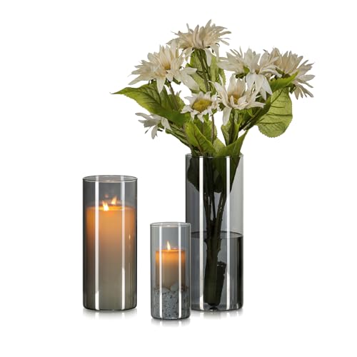 Hewory Vase Schwarz für Deko Wohnung: 3 Vasen Set Vase Glas Grau Schick Blumenvase Modern Glasvasen für Tischdeko - Schönes Windlicht Glas Schwarz Glasvase Zylinder für Geschenk Freundin Esstisch Deko