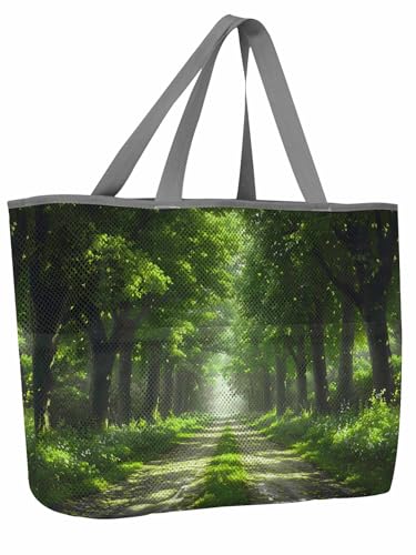 Beach Bags Women Mesh Tote Bag Summer Countryside Tree Path Toy Grocery Pool Bag with Pockets for Travel/Picnic/Shower