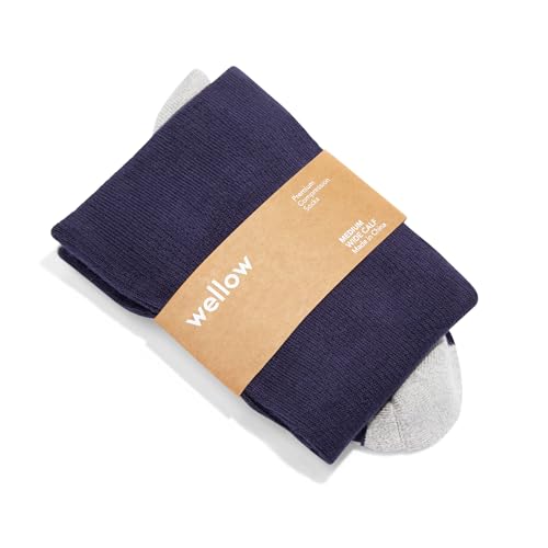 Image of Wellow Wide Calf Compression Socks for Men & Women, 18-25 mmHg Made with Viscose from Bamboo, Nurses & Pregnancy Support, Relieves Swelling, Knee High, L, Eclipse