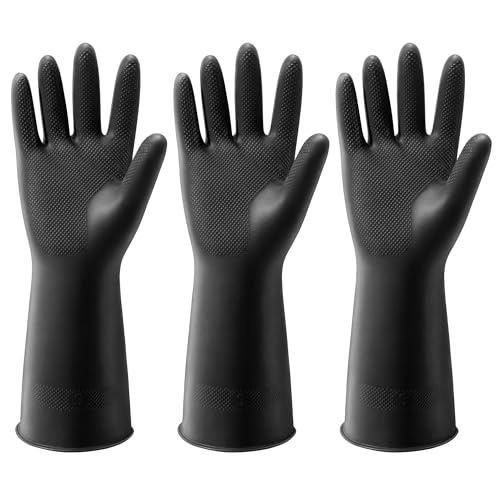 ThxToms 3 Pairs Dishwashing Cleaning Gloves, Reusable Dishwashing latex Gloves for Kitchen & Bathroom Cleaning,Non-Slip,Smooth Comfortable Lining,Black(Medium) S
