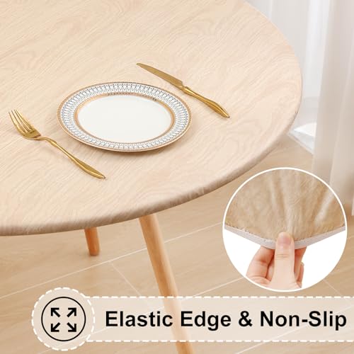 misaya Round Fitted Tablecloth with Elastic Edge, 100% Waterproof Oil Proof Plastic Table Cover, Vinyl Flannel Backed Tablecloth Fits 36"-44" Round Tables for Dinner, Outdoor, Picnic, Wood by misaya - Used condition - Image 2