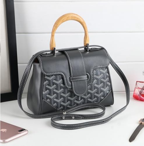 Image of HIONRE Genuine Cowhide Leather Tote Bag For Women Crossbody Bags Satchel Wood Top-Handle Bag Gift for Lady