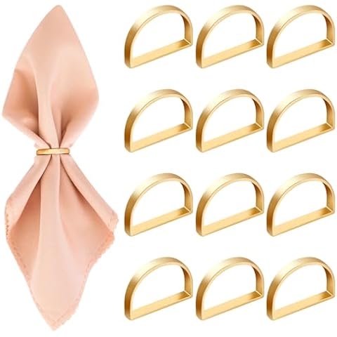 Ovveroche 12 Pieces Gold Napkin Rings Stainless Steel Napkin Rings Metal Napkin Ring Holders Serviette Buckles Metallic Adornment for Wedding Dinner Parties Banquet Table Settings (Gold Semicircle) Cover