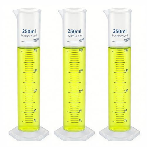 HUAOU 3pcs 250ml Plastic Graduated Cylinders, Lab Chemistry Measuring Cylinders Set - Durable Class A Polymer, Clear Graduations, 2-Sided Marking with Spout for Home Experiment Science Biology Project
