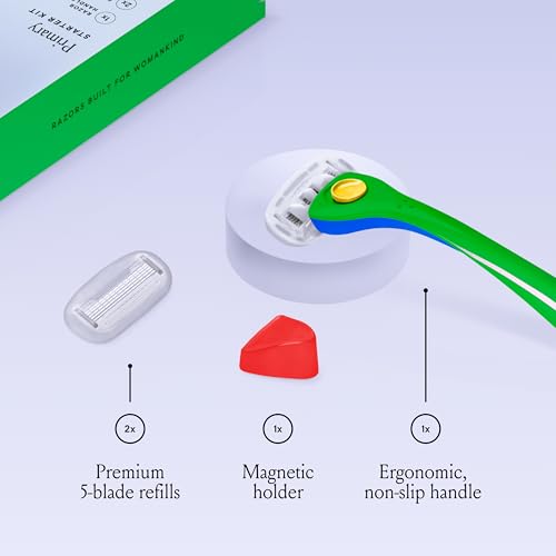 Image of Billie Razors for Women, Primary - 1 Handle, 2 Refills & Magnetic Holder | 5 blade womens razors for sensitive skin, Surrounded by aloe shave soap, Ergonomic handle, Pivoting head, Magnetic Holder