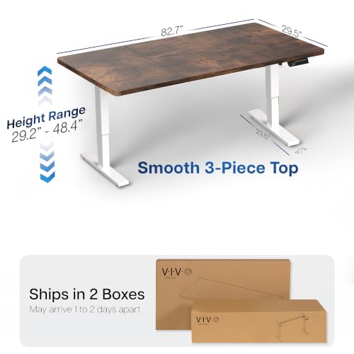 Image of VIVO Rustic Vintage Brown 83 x 30 in Standing Desk, DESK-KIT-1W8N | Electric, Holds 220 lbs, Sit Stand, Height Adjustable, Extra Deep Table Top, Memory Presets, 1B Series, White Frame