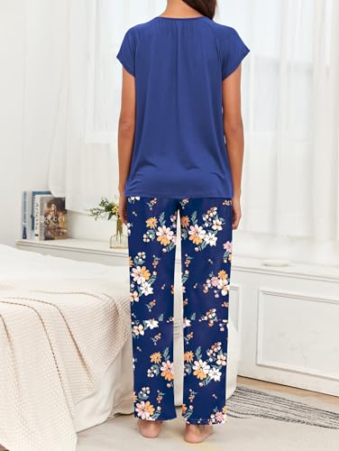 Famulily Ladies Pyjamas Raglan Short Sleeve Pleated Top and Long Pants Comfy Loungewear Royal Blue M - Image 3