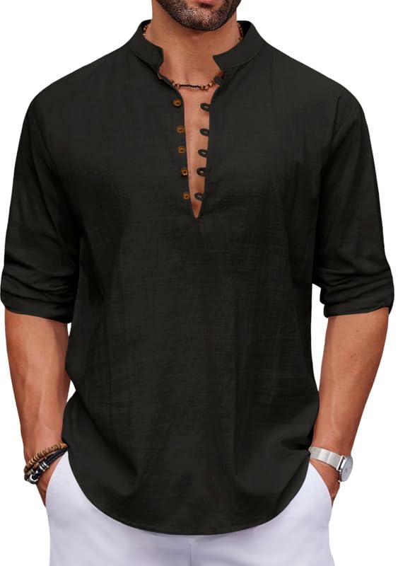 Image of Macsivo Men's Stylish Mandarin Collar Kurta | Casual Ethnic Fusion Shirt for Daily, Party & Travel | Full Sleeves | Cotton Blend Comfort Fit Short Kurta