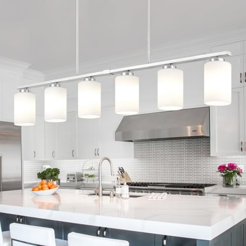 YUEMZS 6-Light Kitchen Island Lighting, Brushed Nickel Dining Room Light Fixtures Over Table, Modern Farmhouse Chandeliers with Milky Glass Shade Pendant Light for Dining Room Kitchen Island by YUEMZS - Used condition - US$80.63