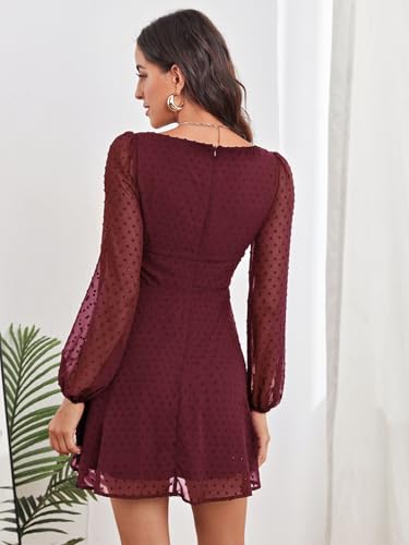 Image of Women's Polka Swiss Dots Square Neck Dress Lantern Long Sleeve Dress for Women Chiffon Mini Dress