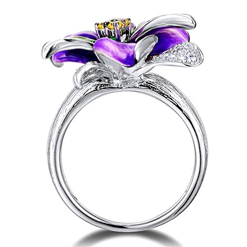 Uloveido Fashion Violet Flower Rings for Women Anniversary Birthday Purple Crystal Flower Statement Rings for Female RA6012