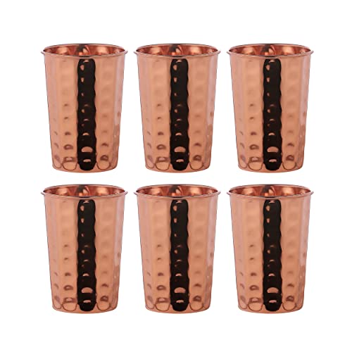 Hammered Pure Copper Tumbler Set of 6, UNLINED, UNCOATED and LACQUER FREE, 350 Ml (11.8 US Fl Oz) Capacity For Ayurveda Health Benefits