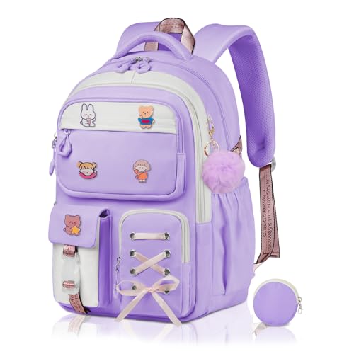 Girls Backpack with Coin Purse, Cute Purple/White Bookbag for Kids Teen, Kawaii Aesthetic Elementary School Backpack