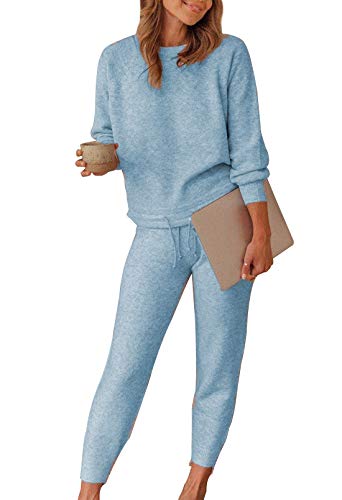 Meenew Women's 2 Piece Outfits Long Sleeve Tops and Sweatpants Set Blue S