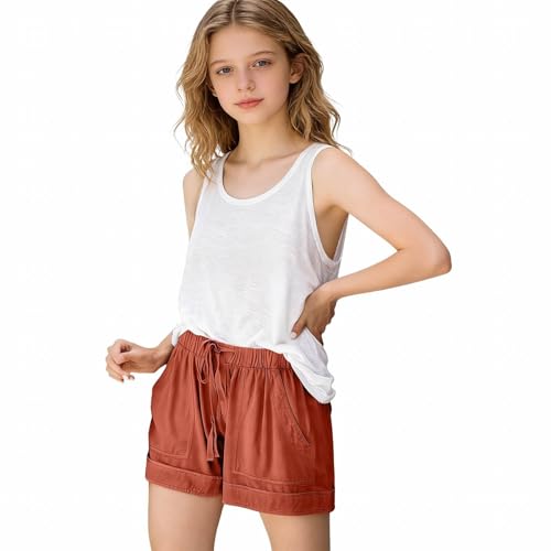 TYUSGH Pantalones cortos de verano para niñas, casuales, lisos, de cintura alta, atléticos, holgados, a la moda, ligeros, activos, para playa, deportes y correr, naranja, 14-15 años