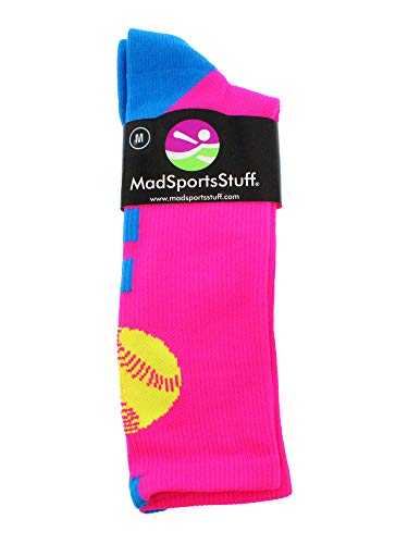 MadSportsStuff Softball Logo Crew Socks (Neon Pink/Electric Blue, Small)2