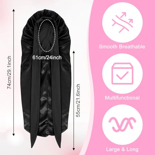 Long Satin Bonnet for Braid Sleep Cap Silk Hair with Tie and Button, Foldable Sleep Bonnets for Women Long Hair black, 41-57 - Image 2