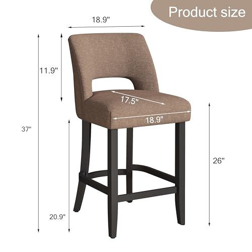 Image of VKNOW Bar Stools Set of 4, 26 inch Upholstered Counter Height Bar Stools | Modern Counter Stools with Black Rubberwood Legs for Kitchen Island Dining Room Bar, Brown-Black Legs