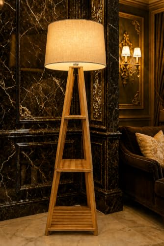 Wooden Tripod Floor Lamp with Storage Shelves, Wooden Floor Lamp ...