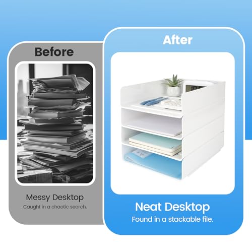 Otauoaea 4 Bandejas Oficina Apilables, Blanca Plastico Pet Organizador Escritorio, Bandeja Escritorio, Bandeja Portadocumentos A4, Organizador para Papeles, Documentos, Folios, Material Oficina - imagen 3