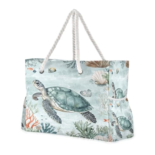 Sea Turtle Beach Bag & Travel Tote Bag Large Sandproof with Zipper Closure, Wet Pouch for Swim Gym Travel