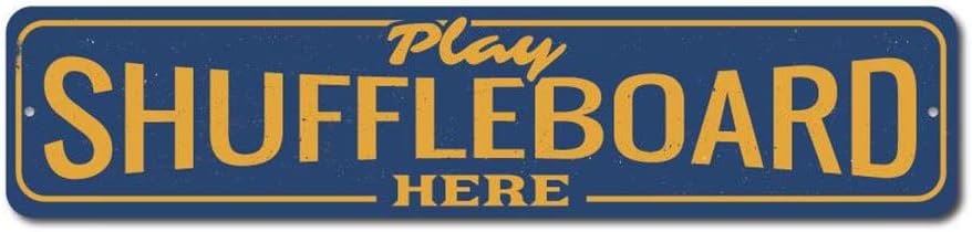 Play Shuffleboard Here Sign, Custom Tournament Game Winner Sign, Game Room Man Cave Dorm Aluminum Decor - 4" x 18"