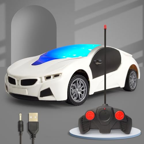 Image of 3D LED High Speed Rechargeable Remote Control Car for Kids, RC Racing Vehicle with Bright Lights, 2 AA Battery Controller (White)