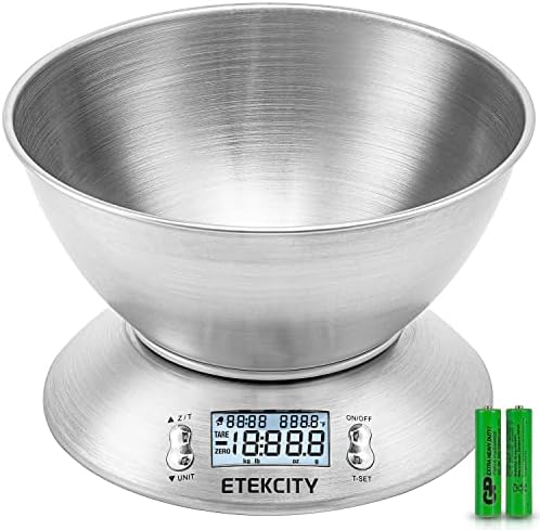 Etekcity Food Kitchen Scale with Bowl, Digital Weight Scale for Food Ounces and Grams, Cooking and Baking, Timer, and Temperature Sensor, 2.06 QT, Stainless Steel