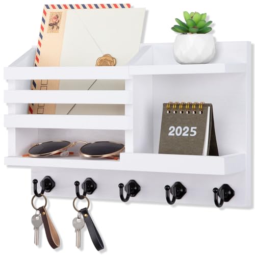 Nekon Key Holder for Wall, 11.8" x 7.8" x 3.1" Wooden Key and Mail Organizer Wall-Mounted, Key Rack with 5 Hooks for Entryway Hallway, Rustic Home Decor (White)