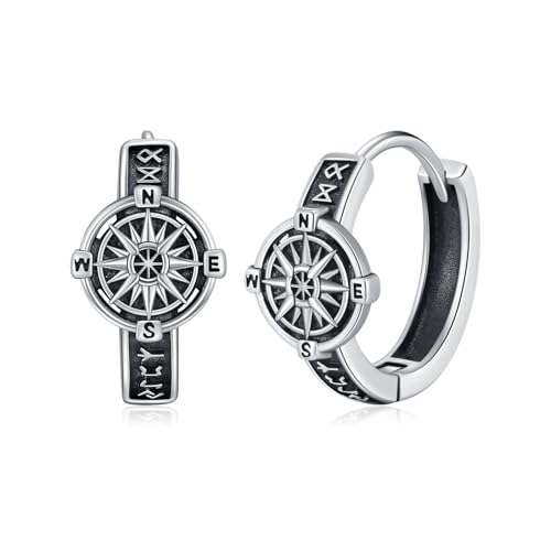 Pendientes de aro con brújula vikinga en plata de ley 925 hipoalergénica para orejas sensibles
