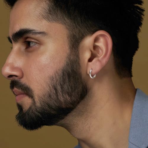 Image of TRUESILVER ACPL 925 Sterling Silver Hoop Earrings for Men | BIS Hallmarked Huggie Hoop Earrings | Minimalist Vintage Chunky Silver Hoops for Men