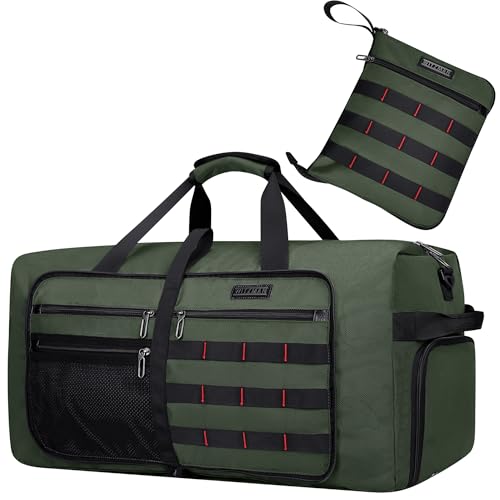 WITZMAN Foldable Duffle Bag for Travel 65L Lightweight Packable Duffel Bag with Shoes Compartment Overnight Bag for Men Women (B697 Army Green）
