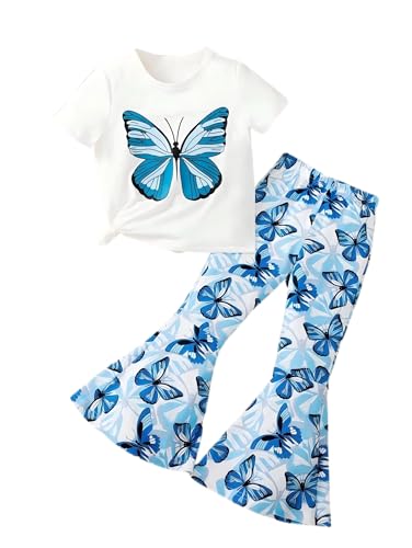 Image of OLMRJKD Kid Toddler Girl Clothes Outfits Short Sleeve Butterfly Top Flared Leg Pants Summer Clothing Set