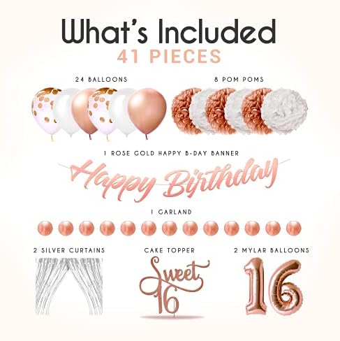 EpiqueOne 41-Piece Rose Gold Sweet 16 Birthday Decoration for Girls | Includes Happy Birthday Banner, Cake Topper, Tissue Pom Poms & More | Easy to Set Up | Also Ideal for Bridal & Baby Showers & More