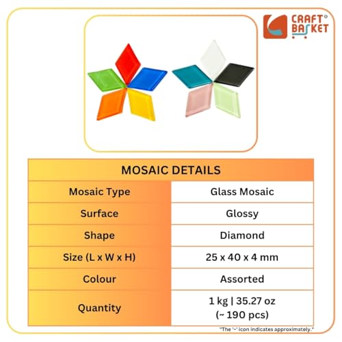 Image of Assorted Colours Glass Mosaic Tiles (20 Variations) (All Packs: 100 g,200 g,1 kg,1 kg), DIY Mosaic Art, Decoration, Crystal Glass Mosaic Tiles (Glossy Diamond 25 x 40 mm), 1 kg