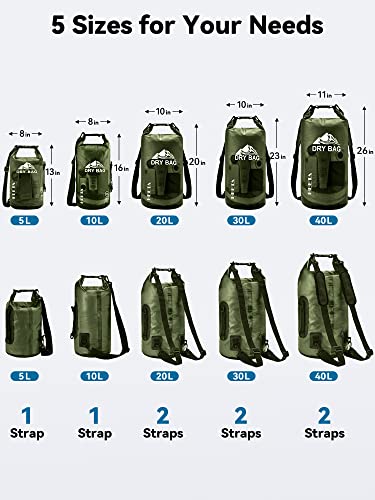 HEETA Dry Bag Waterproof for Women Men, Roll Top Lightweight Dry Storage Bag Backpack with Phone Case for Travel Swimming Boating Kayaking Paddle Board Camping Beach Accessories (Pitch Green, 10L)