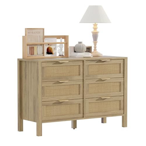 YOCONYO 6 Drawer Dressers for Bedroom, Rattan Dresser with Drawers,