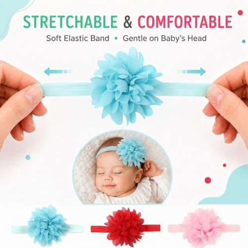 Image of Babymoon Set of 3 | Plain Flowers Soft Synthetic Hairbands for Baby Girls, Infants and Toddlers Headbands | Pink-Red-Yellow