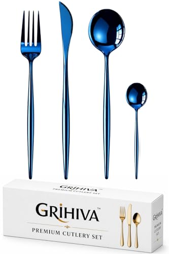 Image of 4 Pcs Blue Slim Handle Stainless Steel Cutlery Set for Dining Table with Spoon and Fork Set & Butterknife - The Perfect Tableware /Flatware