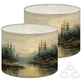 Linen Drum Lamp Shades Set of 2, 13''Wx10'H, Misty Forest Landscape River Birds Sunrise Replacement Lampshades for Floor Lamps Table Lamps Modern Farmhouse Lampshade Easy Assembly