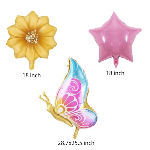 Image of 5 PCS Butterfly Foil Balloons Suit With Sunflower Pentagram Foil Balloons Girl Birthday Party Butterfly Party Spring Theme Decoration