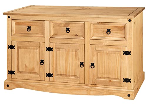 Corona Sideboard 3 Door 3 Drawer Mexican Style Solid Pine Wood Cupboard with Wax Finish Black Metal Hardware W 125 cm x D 40 cm x H 76 cm - Image 7
