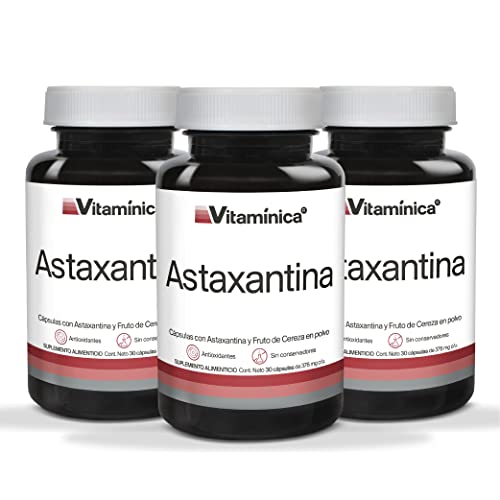 Vitaminica Astaxantina, 90 Cápsulas, Paquete de 3, 20 mg de Astaxantina y 52 mg Fruta de Cereza por Cápsula, Sin Azúcar, Cuidado de la Piel, Suministro para...