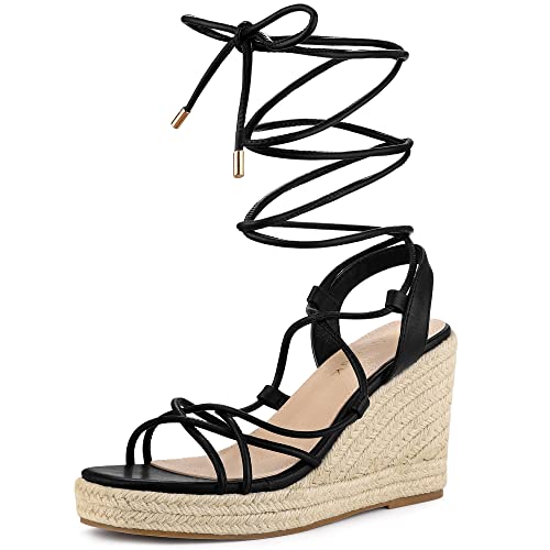 Allegra K Women's Platform Square Toe Lace Up Espadrilles Heels Wedge Sandals