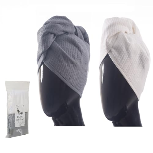 SELARUS 100% Turkish Cotton Hair Towel Wrap for Women,Non Microfiber,Super Absorbent,AntiFrizz,Plopping Hair Drying Waffle Bath Towels for Curly,Long&Thick Hairs,Head Wrap,2 Pack10x26inc (Grey+White)